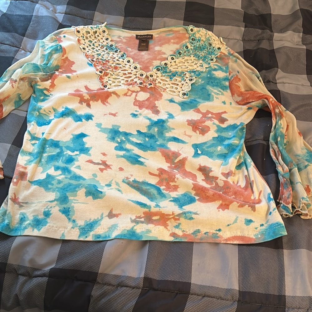 Multiples top in beige, aqua and rust. Pretty lacey yoke with brass beads.